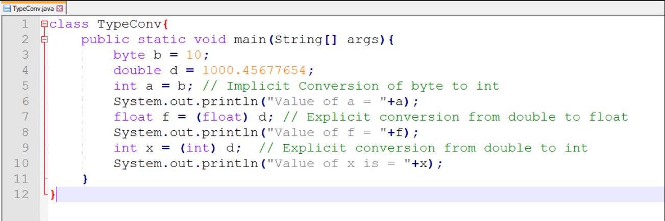This image describes the sample program for type conversion in java.
